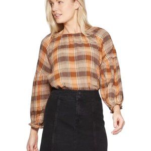 Universal Thread Womens Peasant Top Blouse Sz SMALL Brown  Plaid Cotton Gauze